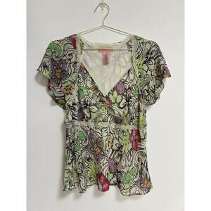 Y2K‎ Vintage Babydoll Top Fairy Whimsy Lace Floral Flutter Sleeve Size 14 Womens